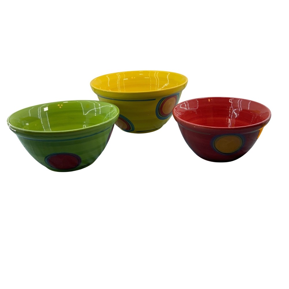Gail Pittman Hand Painted Ceramic Bowls Set of 3 Red Yellow Green Made in USA 01